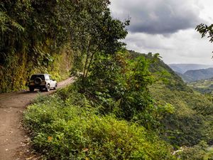 Preview wallpaper car, road, rock, bushes