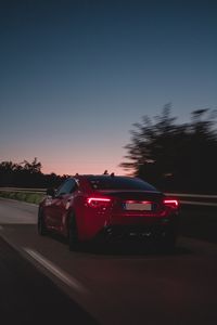 Preview wallpaper car, road, speed, dusk, red