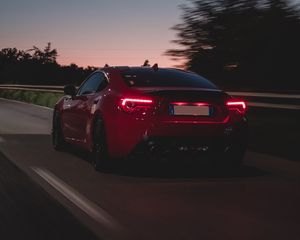 Preview wallpaper car, road, speed, dusk, red