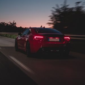 Preview wallpaper car, road, speed, dusk, red