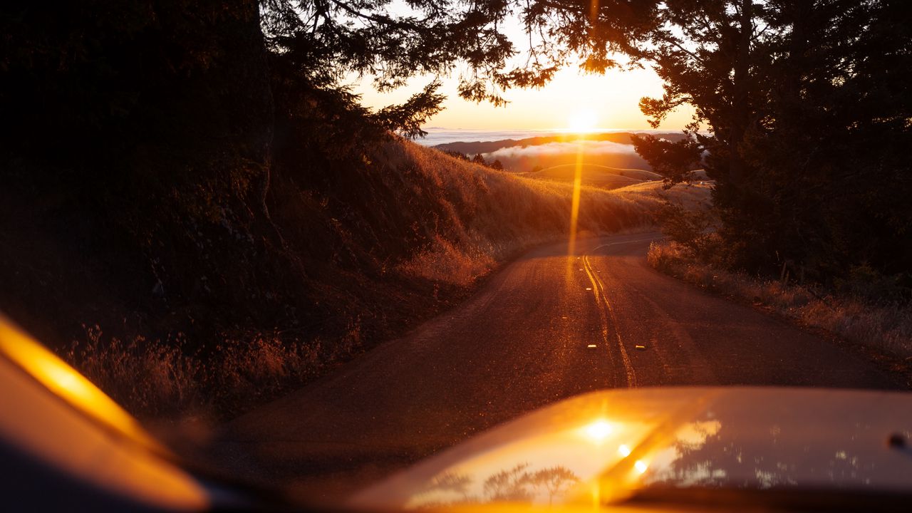 Wallpaper car, road, sunset, sunlight, nature
