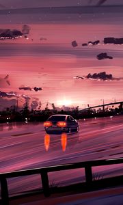 Preview wallpaper car, road, sunset, reflection, art, purple