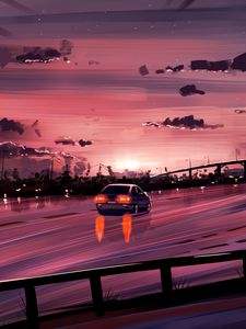 Preview wallpaper car, road, sunset, reflection, art, purple