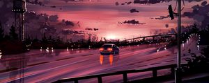 Preview wallpaper car, road, sunset, reflection, art, purple