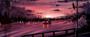 Preview wallpaper car, road, sunset, reflection, art, purple