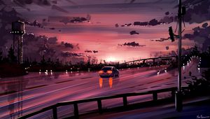 Preview wallpaper car, road, sunset, reflection, art, purple