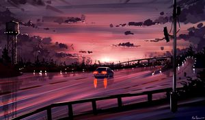 Preview wallpaper car, road, sunset, reflection, art, purple