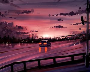 Preview wallpaper car, road, sunset, reflection, art, purple