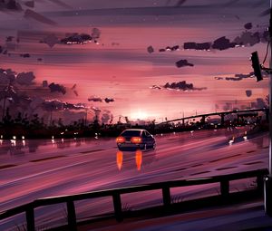 Preview wallpaper car, road, sunset, reflection, art, purple
