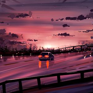 Preview wallpaper car, road, sunset, reflection, art, purple