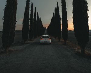 Preview wallpaper car, road, trees, alley, twilight