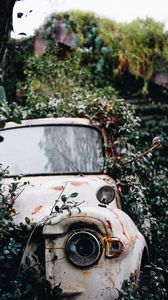 Preview wallpaper car, rust, ruins, bushes