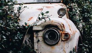 Preview wallpaper car, rust, ruins, bushes