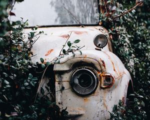 Preview wallpaper car, rust, ruins, bushes