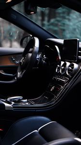 Preview wallpaper car, salon, interior, black, control panel, steering wheel