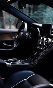 Preview wallpaper car, salon, interior, black, control panel, steering wheel