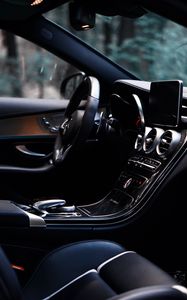 Preview wallpaper car, salon, interior, black, control panel, steering wheel