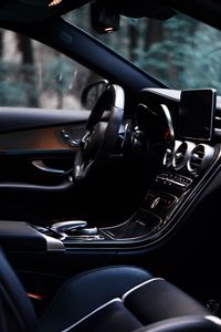 Preview wallpaper car, salon, interior, black, control panel, steering wheel