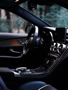 Preview wallpaper car, salon, interior, black, control panel, steering wheel