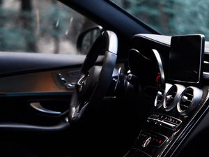 Preview wallpaper car, salon, interior, black, control panel, steering wheel