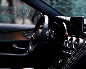 Preview wallpaper car, salon, interior, black, control panel, steering wheel