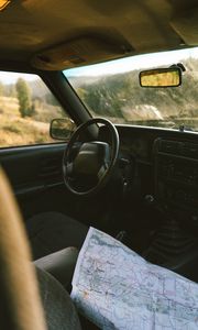 Preview wallpaper car, salon, steering wheel, map, travel