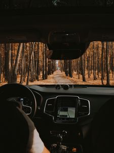 Preview wallpaper car, salon, view, road, forest