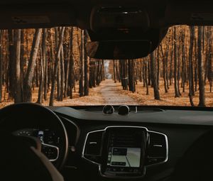 Preview wallpaper car, salon, view, road, forest