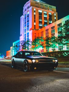 Preview wallpaper car, side view, black, building, lights