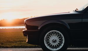 Preview wallpaper car, side view, front, wheel, sunset