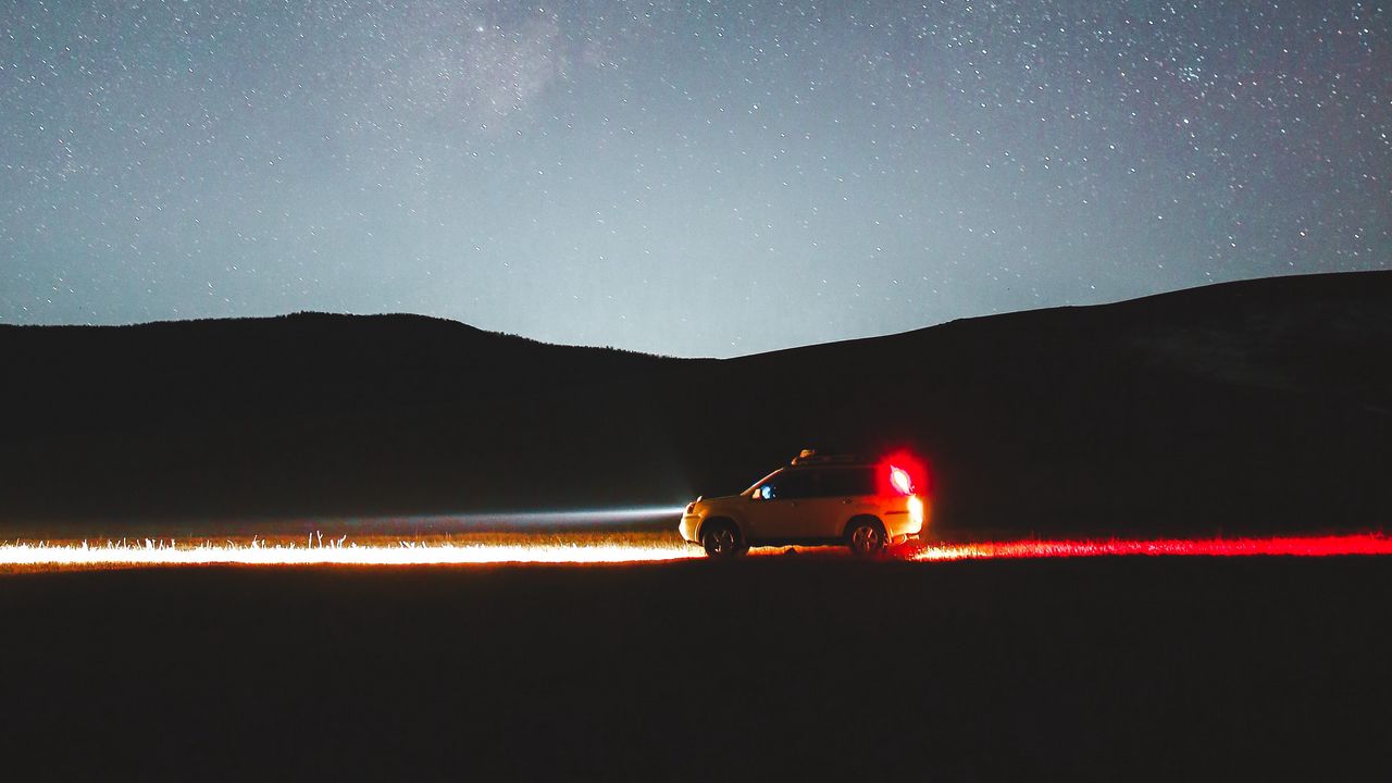 Wallpaper car, side view, hills, headlights, glow, night