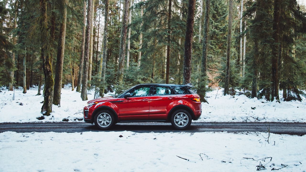 Wallpaper car, side view, red, road, forest, snowy