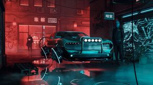 Preview wallpaper car, silhouettes, cyberpunk, future, art