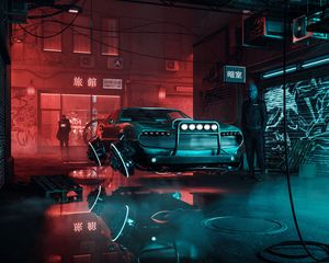 Preview wallpaper car, silhouettes, cyberpunk, future, art