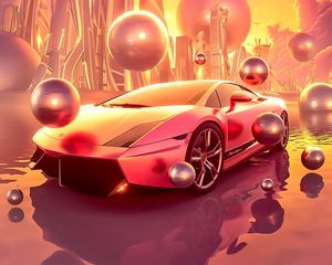 Preview wallpaper car, sports car, balls, buildings, art