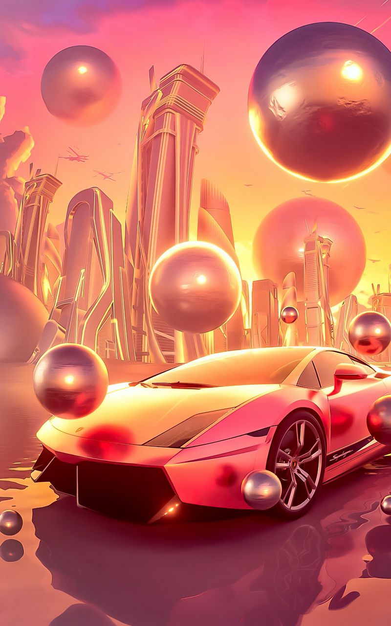 800x1280 Wallpaper car, sports car, balls, buildings, art