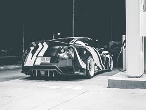 Preview wallpaper car, sports car, gas station, bw