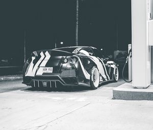 Preview wallpaper car, sports car, gas station, bw