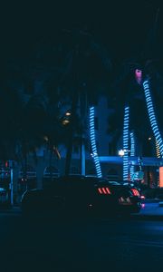 Preview wallpaper car, sports car, night city, neon, palm