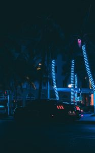 Preview wallpaper car, sports car, night city, neon, palm