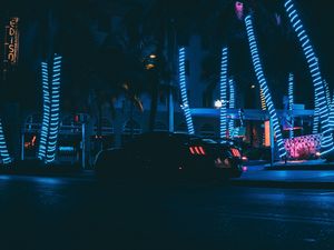 Preview wallpaper car, sports car, night city, neon, palm