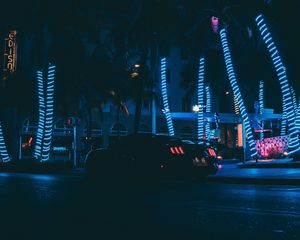 Preview wallpaper car, sports car, night city, neon, palm