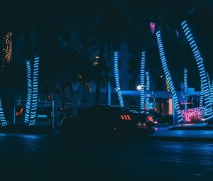 Preview wallpaper car, sports car, night city, neon, palm