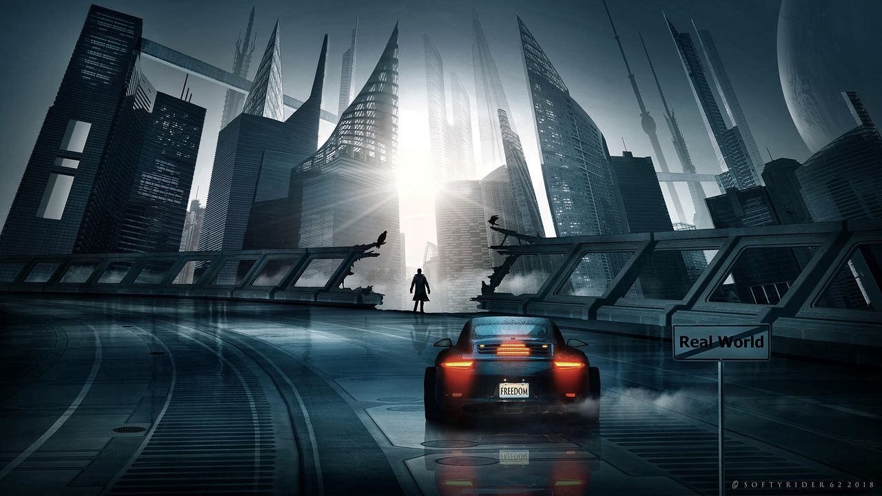 Wallpaper car, sports car, silhouette, city, cyberpunk, futurism