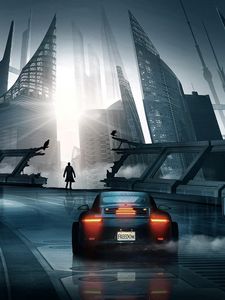 Preview wallpaper car, sports car, silhouette, city, cyberpunk, futurism