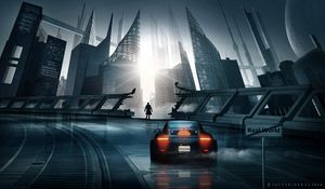 Preview wallpaper car, sports car, silhouette, city, cyberpunk, futurism