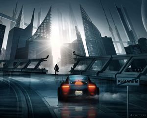 Preview wallpaper car, sports car, silhouette, city, cyberpunk, futurism