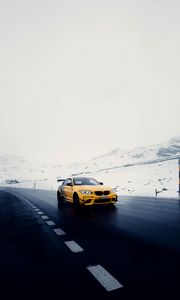 Preview wallpaper car, sports car, yellow, road, snow