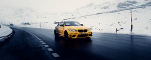 Preview wallpaper car, sports car, yellow, road, snow