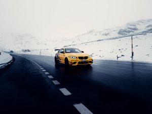 Preview wallpaper car, sports car, yellow, road, snow